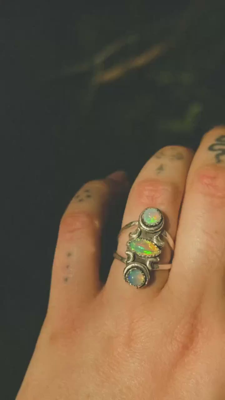 Three Faced Goddess Opal Ring size 6.5 • Welo Opal • Opal Moon ring