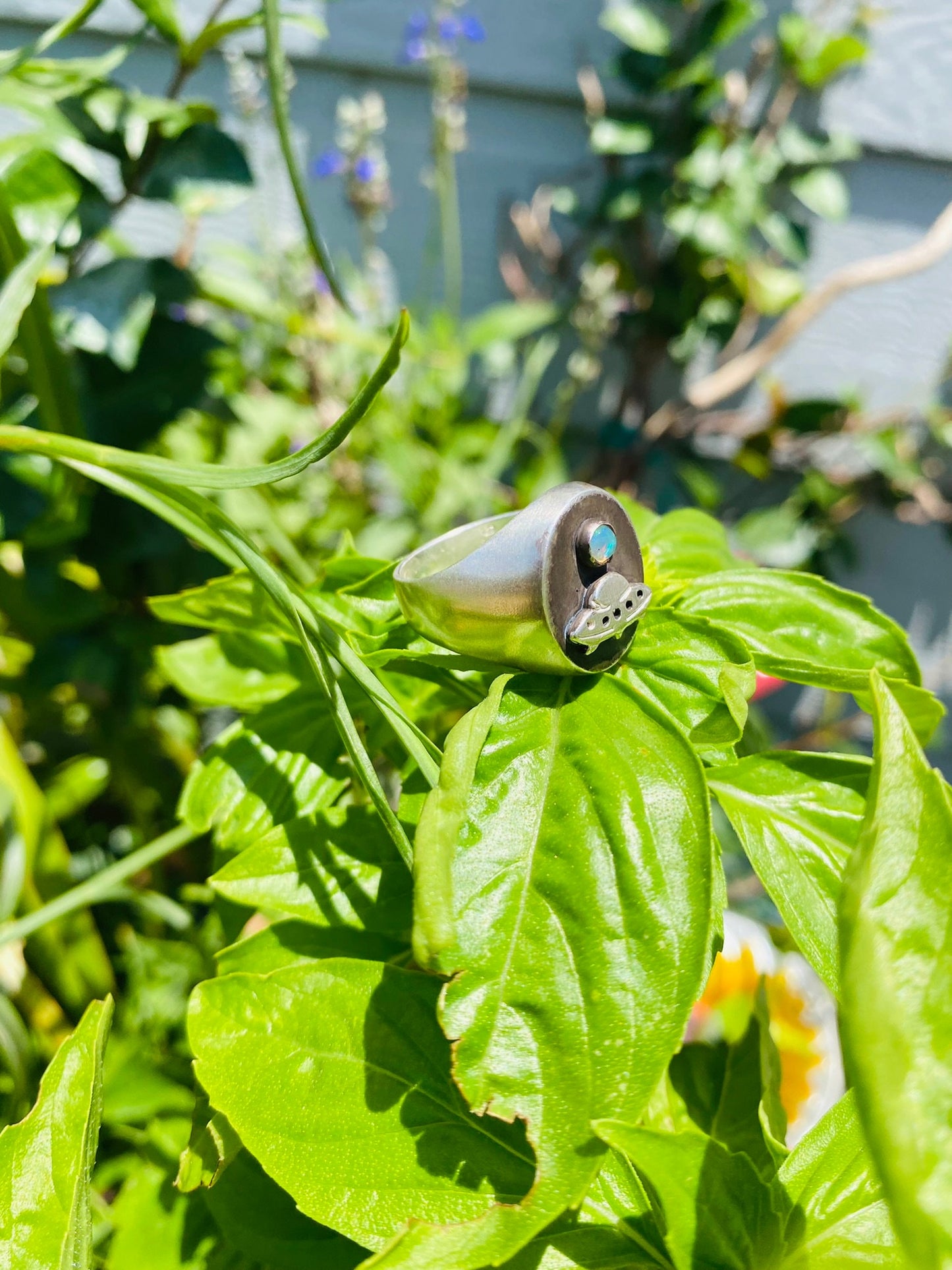 Made to Order Unisex UFO Ring with Ethiopian Opal Moon