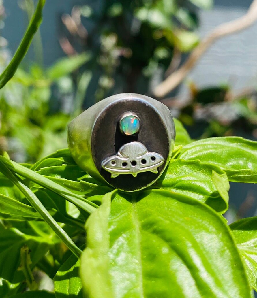 Made to Order Unisex UFO Ring with Ethiopian Opal Moon