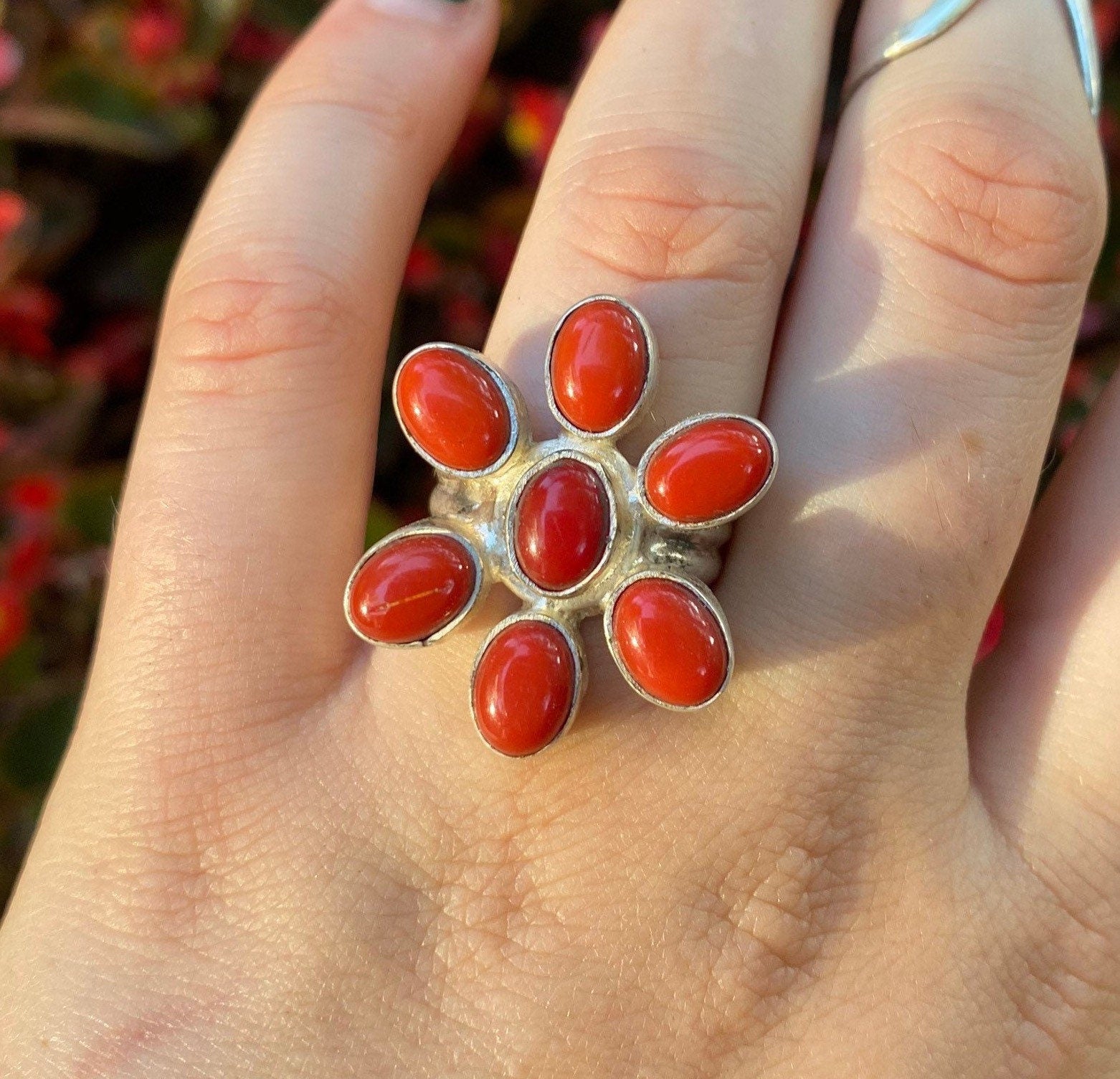Vintage Coral Flower Cluster Ring • size 7 sterling silver • Coral Ring • Vintage Native American Ring