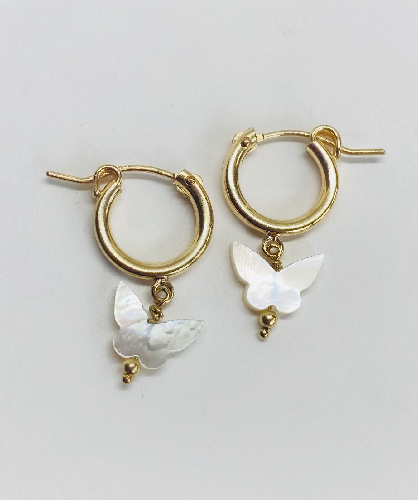 Butterfly 14k Gold Fill Hoops • Gold fill huggies • gold hoops • dainty hoops • mother of Pearl hoops