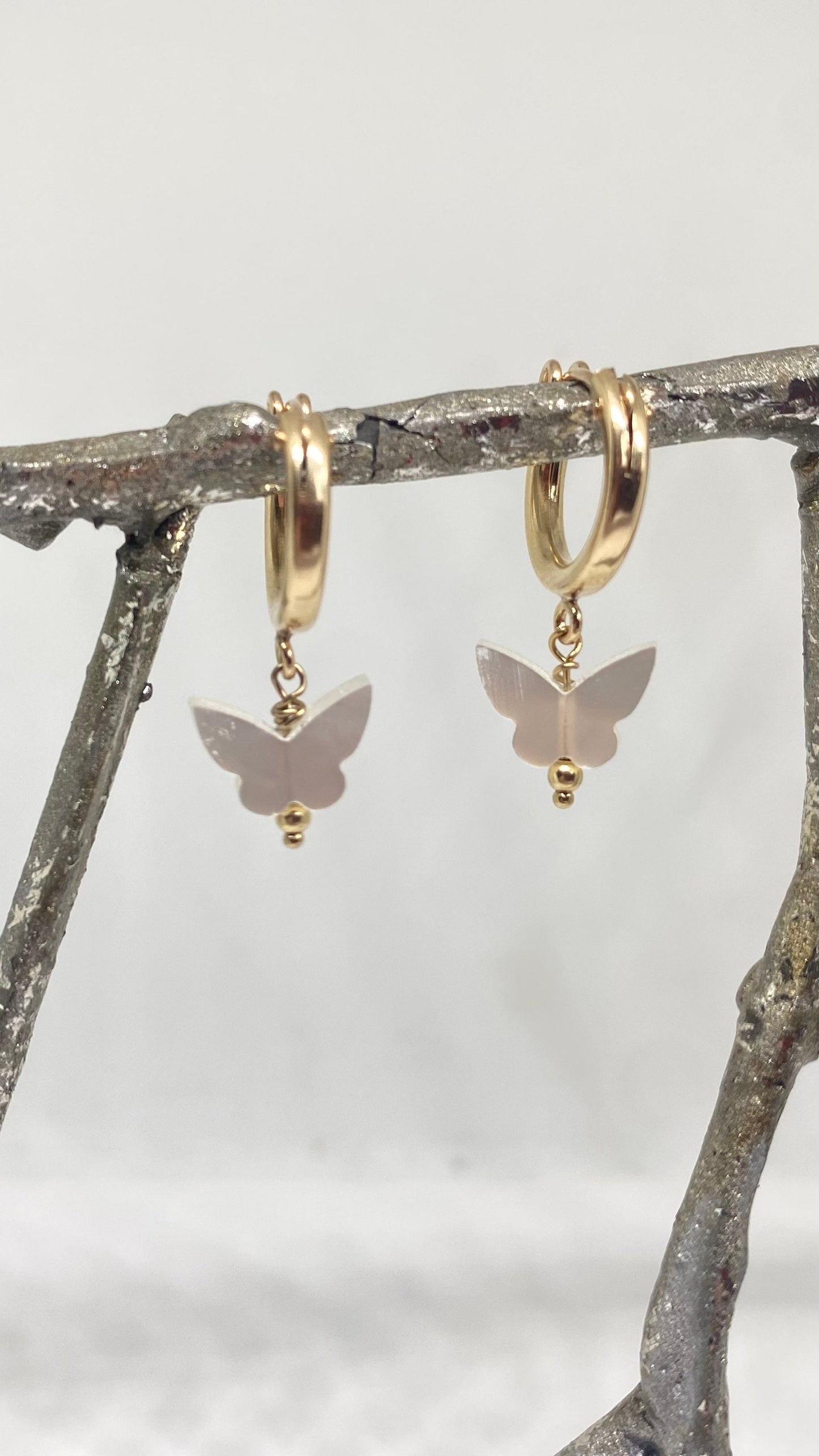 Butterfly 14k Gold Fill Hoops • Gold fill huggies • gold hoops • dainty hoops • mother of Pearl hoops