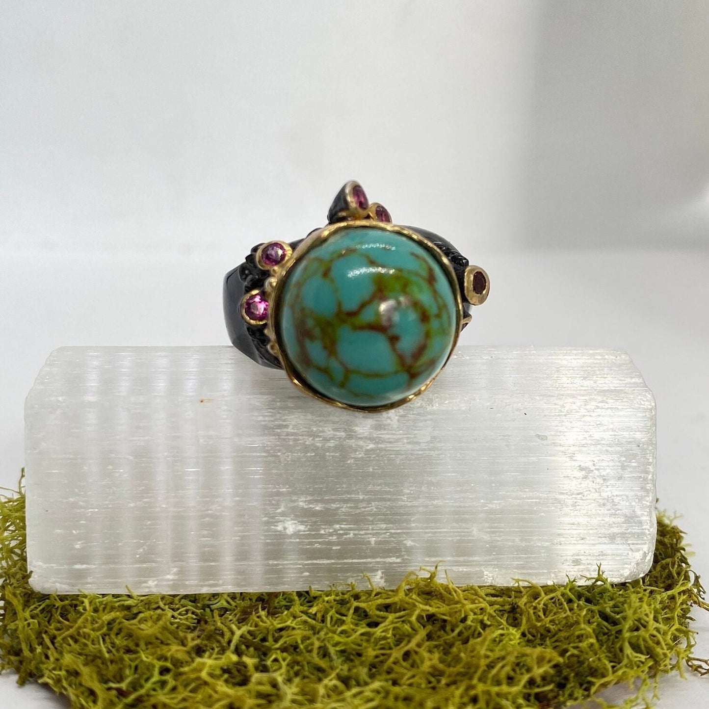 Turquoise and Pink Tourmaline Globe One of a Kind Ring sz 8 Black Rhodium plated sterling silver