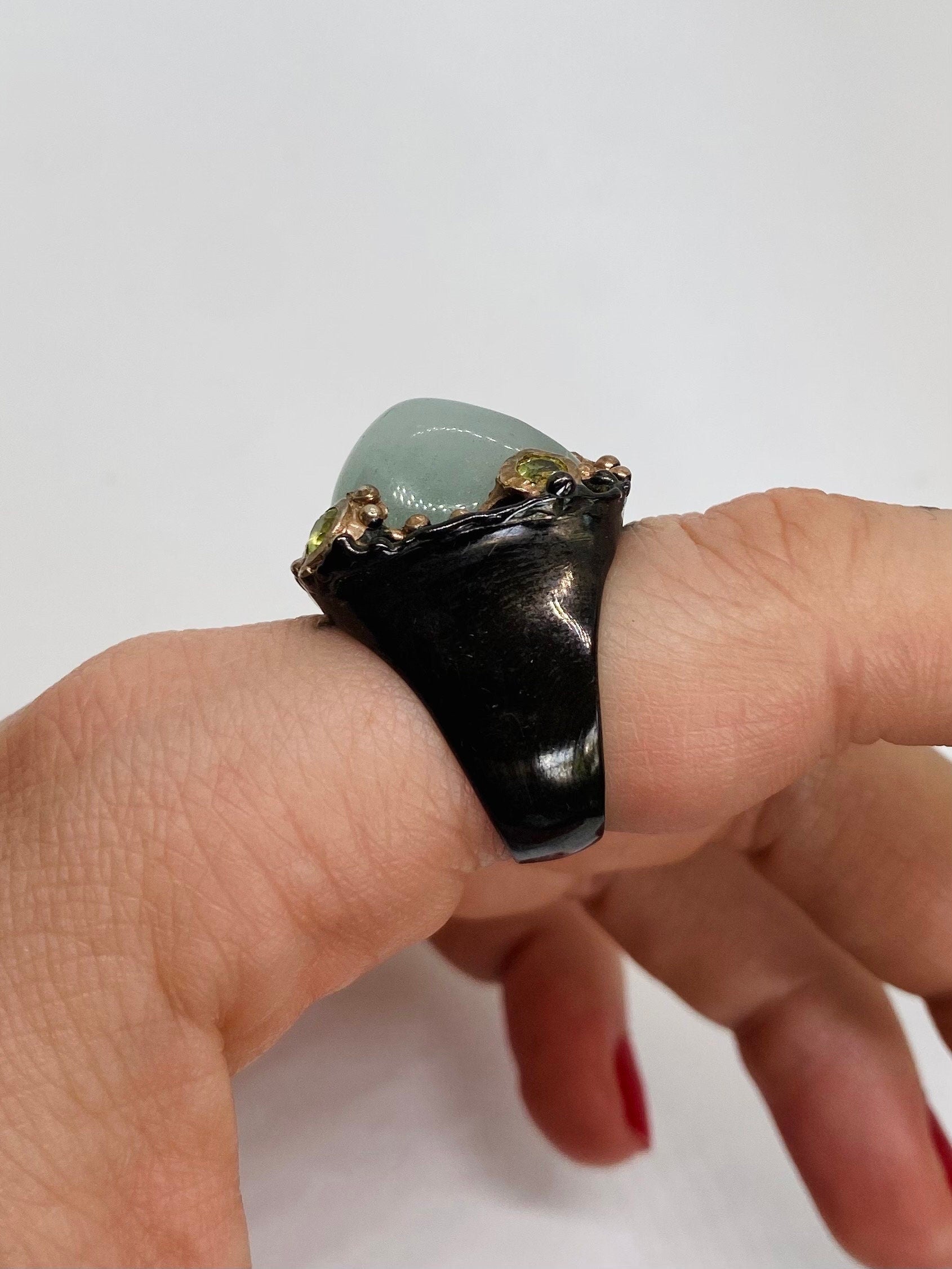 Aquamarine & Peridot One of a Kind Ring size 8 • Sterling Silver with Black Rhodium Plating