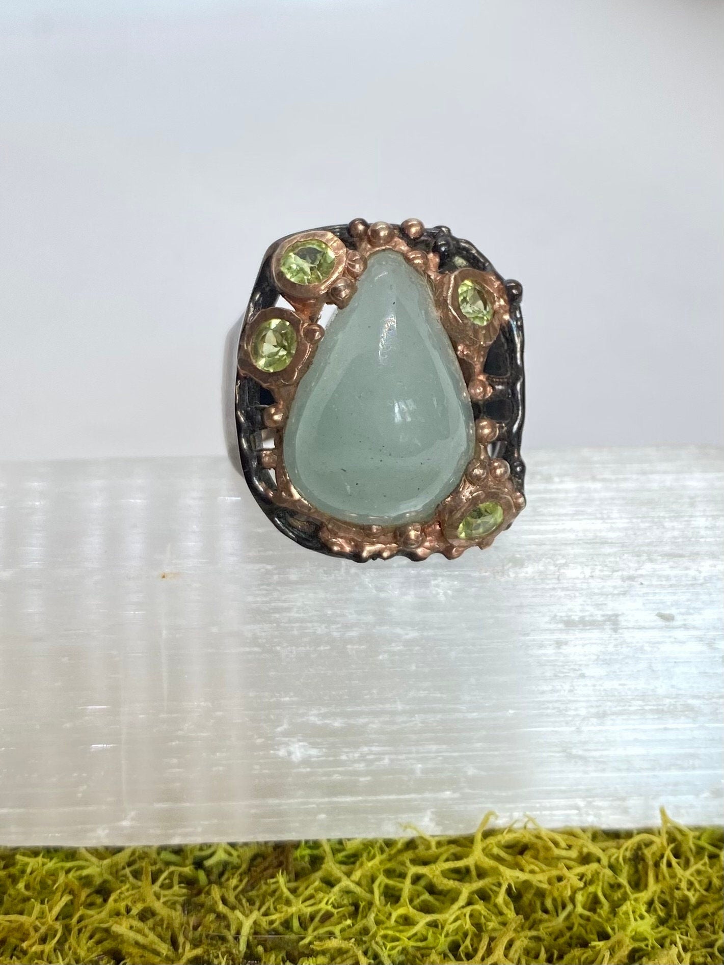 Aquamarine & Peridot One of a Kind Ring size 8 • Sterling Silver with Black Rhodium Plating