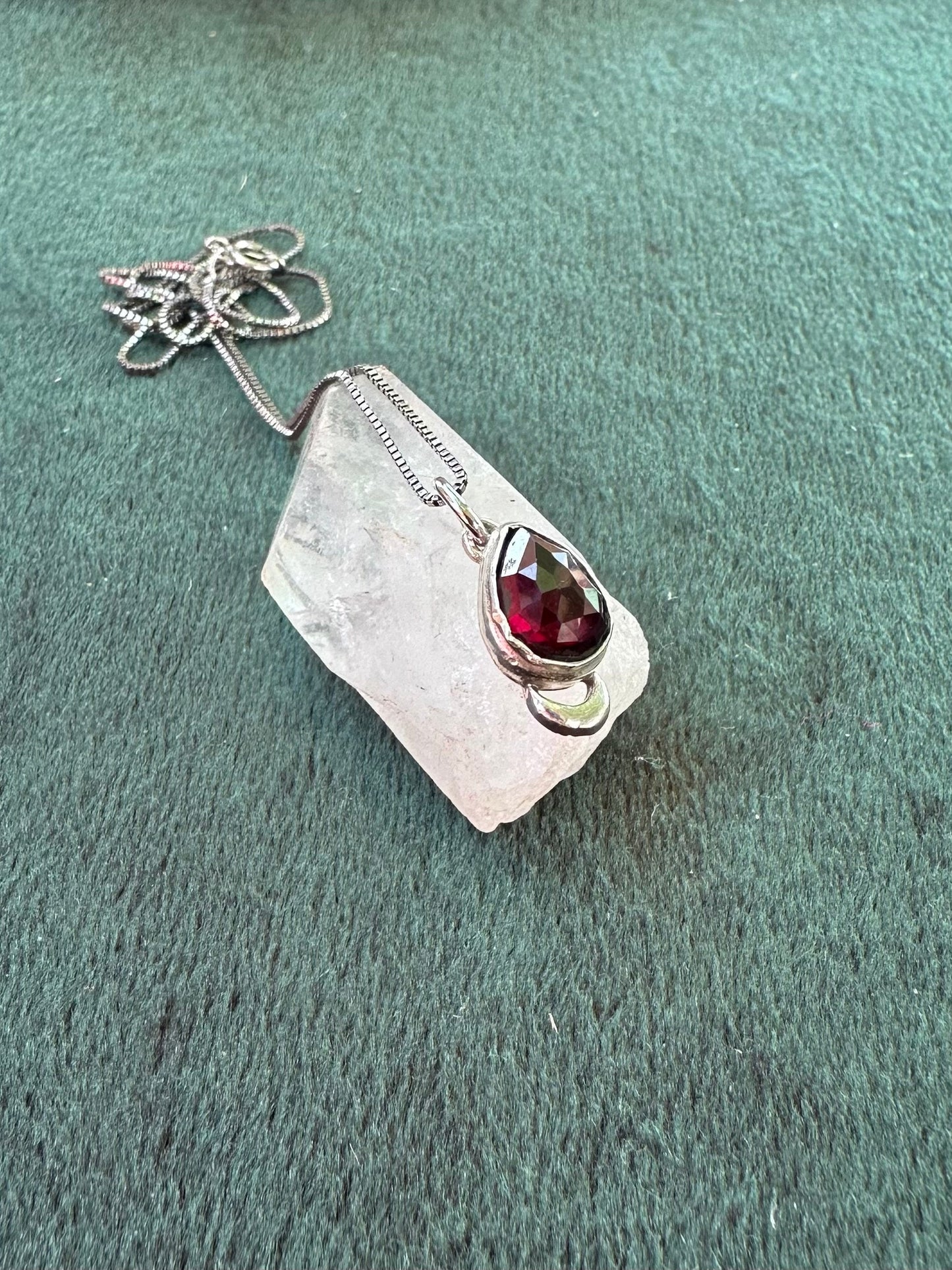 Garnet Moon Teardop Necklace in Sterling
