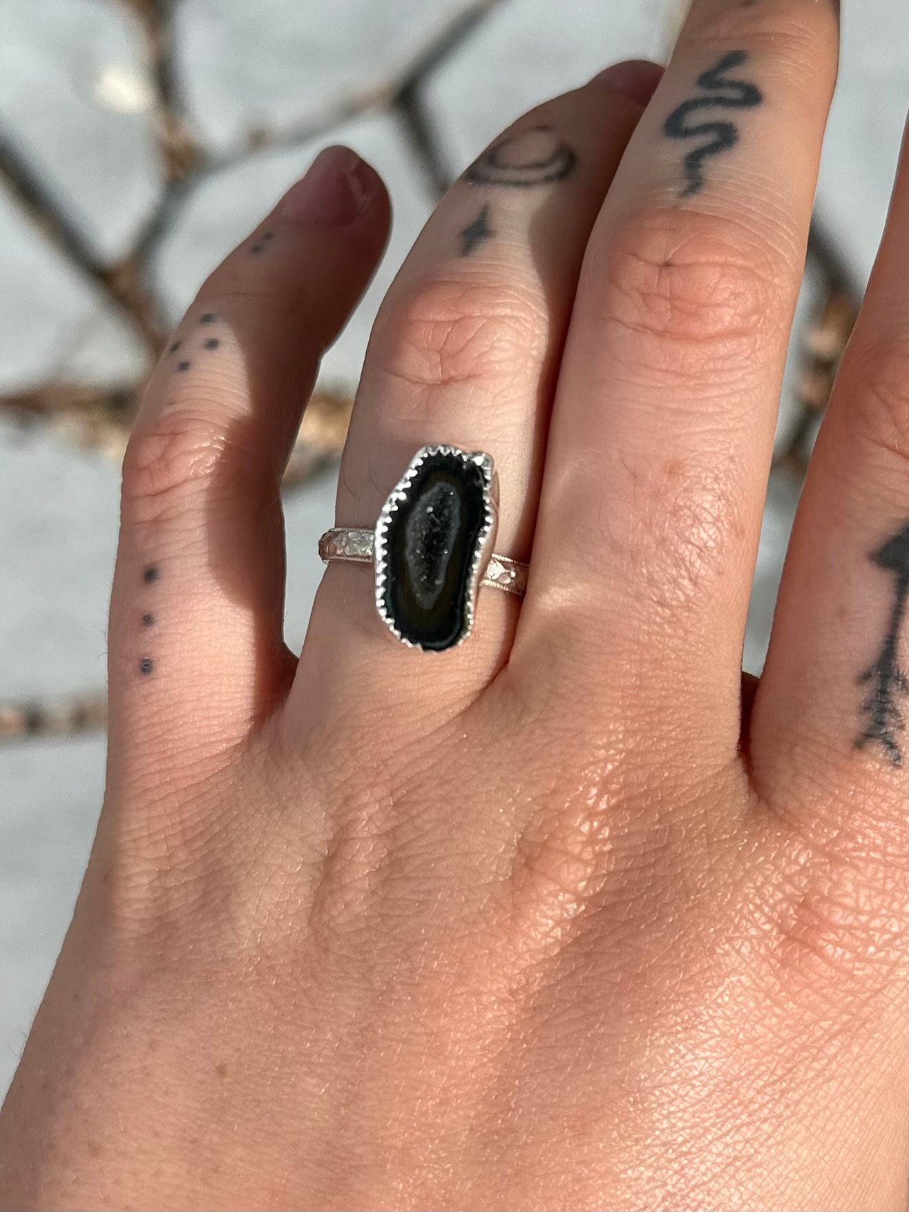 Tiny Geode Ring • Black Geode Ring • Black druzy ring size 6