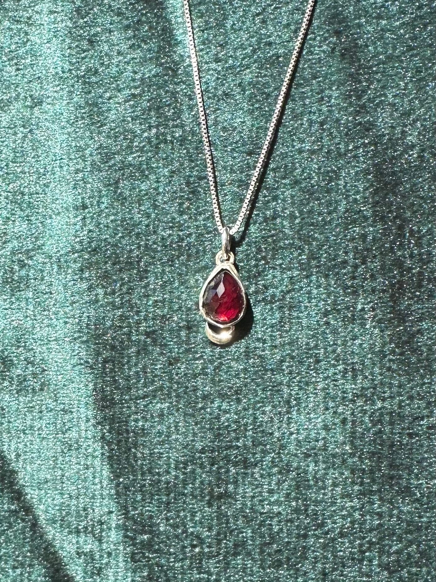 Garnet Moon Teardop Necklace in Sterling