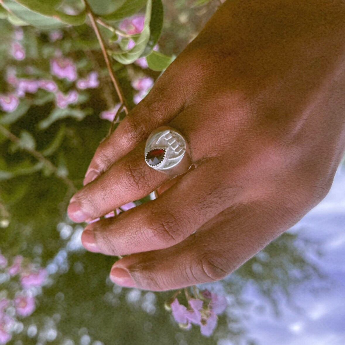 The Vamp Ring • Sterling Silver Signet Ring with Garnet.