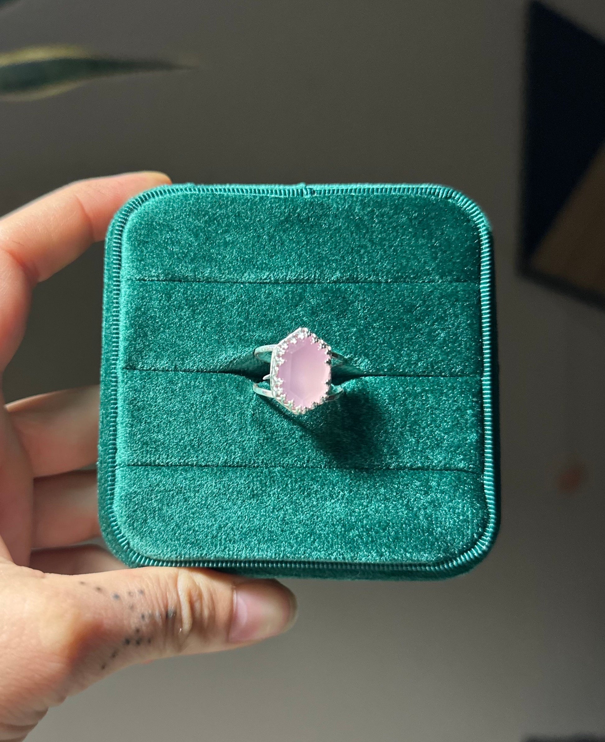 Lavender Rose Quartz Hexagon Ring Size 7