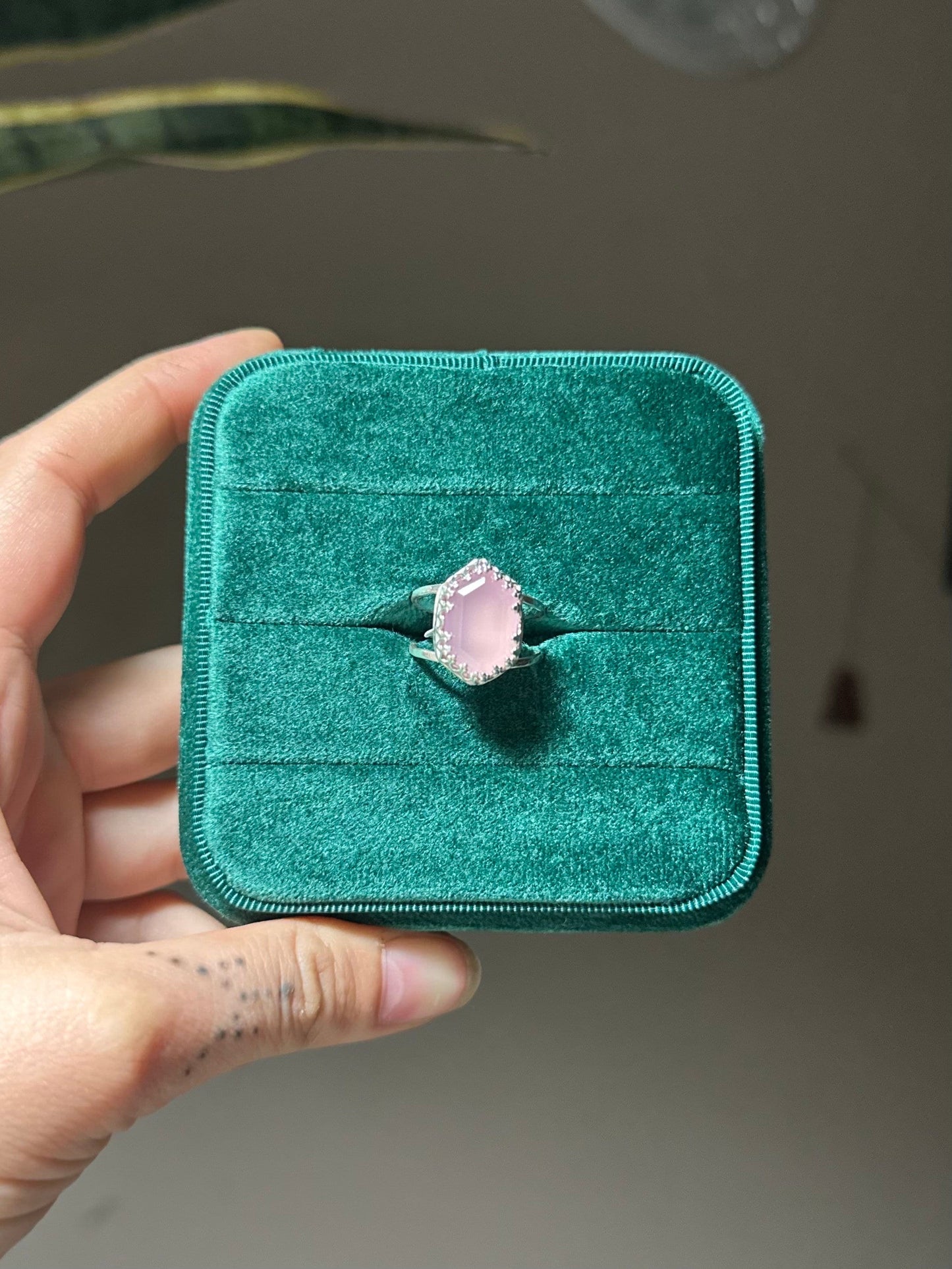 Lavender Rose Quartz Hexagon Ring Size 7