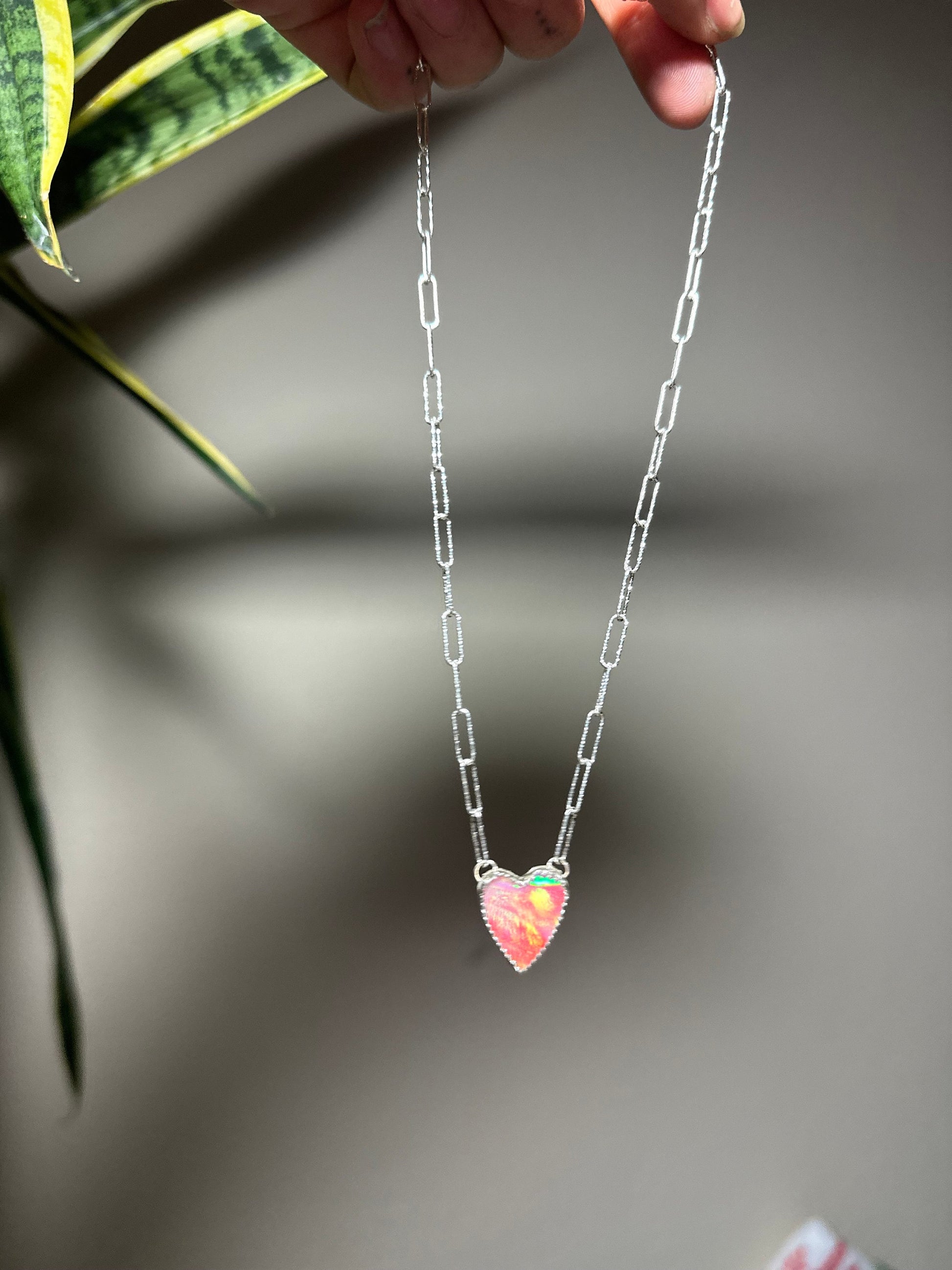 Glittery Aura Opal Paperclip Heart Necklace