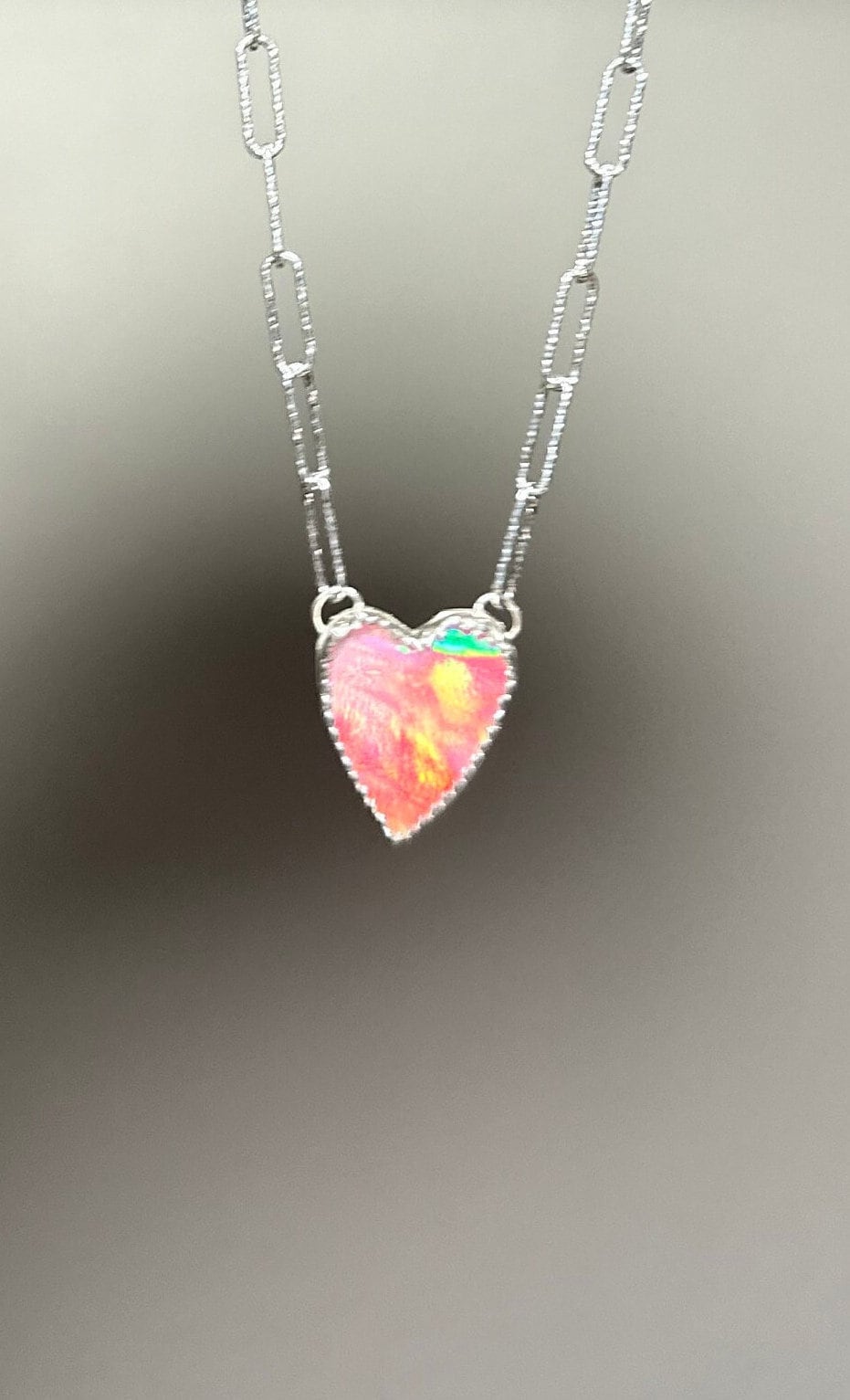 Glittery Aura Opal Paperclip Heart Necklace